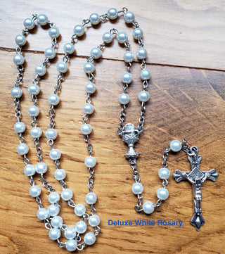 Deluxe First Communion Rosary, Pin, & Prayer Card in clear Rosary Pouch