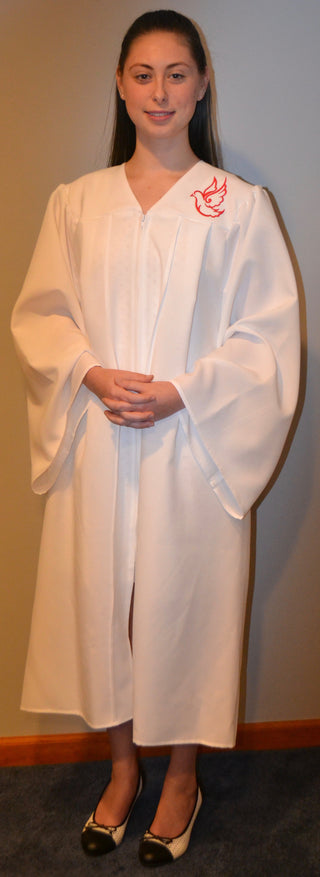 Confirmation Gown with Embroidered Dove, In Red or White-VOLUME PRICING Available