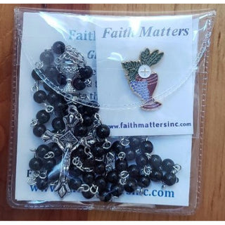 Deluxe First Communion Rosary, Pin, & Prayer Card in clear Rosary Pouch