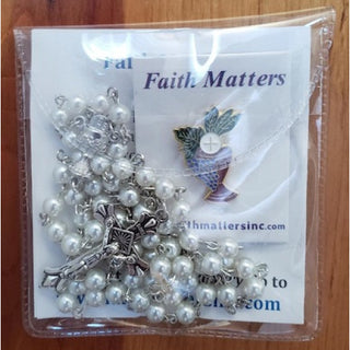 Deluxe First Communion Rosary, Pin, & Prayer Card in clear Rosary Pouch