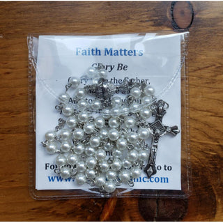 Deluxe First Communion Rosary, Pin, & Prayer Card in clear Rosary Pouch