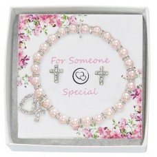 Bracelet, Pink Pearl Bracelet, Crystal Heart & Cross, & Cross Earrings